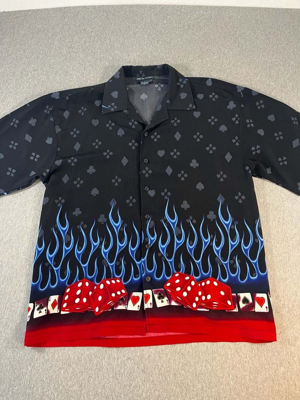 Y2K Oscar Misa Black Flames Dice Cards Short Sleeve Button Up Shirt Men’s L